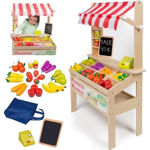 Svan Wooden Farmers Market Stand Toy- 30+ Food Pcs w Chalkboard & Register- Role Play, Fun Grocery Set- Playroom Activity Center- Kids, Girls & Boys - 1 of 4