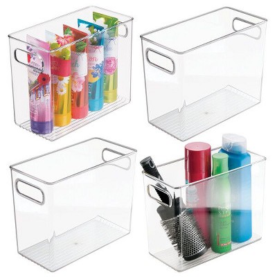 mDesign Tall Plastic Bathroom Organizer Bin with Built-In Handles, 4 Pack, Clear