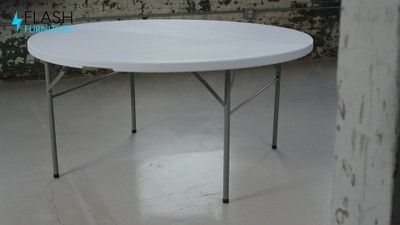 Granite White 60'' Round Bi-Fold Table with Metal Frame and Handle