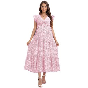Women Summer Bohemian Floral Casual Wrap Ruffle Belt A-Line Pleated Hem Midi Sun Dress - 1 of 1