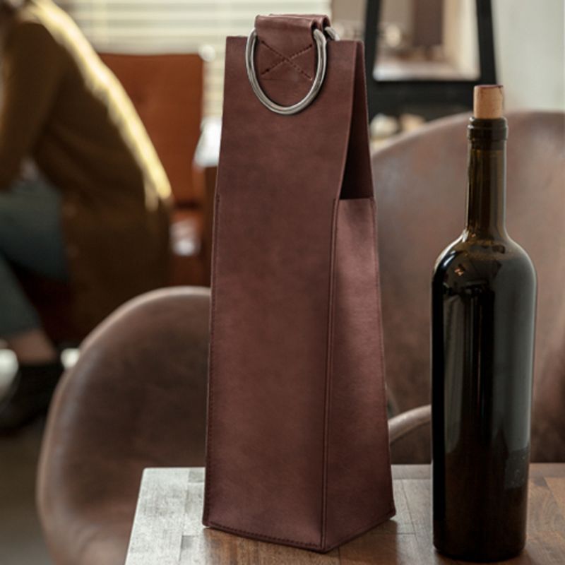 Viski Leather Wine Bag, Wine Gift Bag Faux Leather, Magnetic Closure, Stainless Steel Handle, Holds 1 Standard Wine Bottle, Brown, Set of 1, 3 of 8