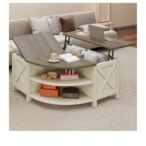 Farmhouse Lift Top Coffee Table with Hidden Space Storage Modern Cured Center Table with Charging Station For Living Room Bedroom, Off White - 1 of 4
