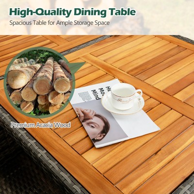 Gray and Beige 6-Person Rattan Dining Set with Acacia Wood Table