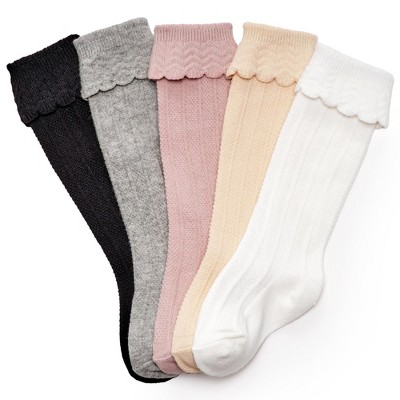 Cozyway Ruffled Baby Knee High Socks for Girls, 5 Pack, Neutral Pastels, 0-6 Months Old