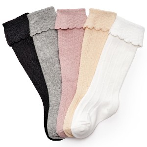 Cozyway Ruffled Baby Knee High Socks for Girls, 5 Pack, Neutral Pastels, 0-6 Months Old - 1 of 4