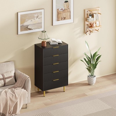 Fluted Dresser for Bedroom with 3 Drawers, Wooden Chest of Drawers with Metal Handle & Feet, Black Dresser for Living Room, Hallway, Bedroom