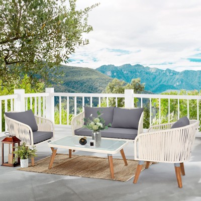 Karl Home Patio Acacia Wood All-Weather Rope Conversation Set with Cushions