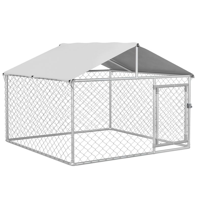 PawHut Dog Kennel, Outdoor Dog Run with Waterproof, UV Resistant Roof for Small and Medium Dogs, Silver, 1 of 7