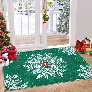 Washable Rug Christmas Rug for Living Room Non-Slip Snowflakes Floor Cover Low Pile  Foldable Green Christmas Rugs - 1 of 4