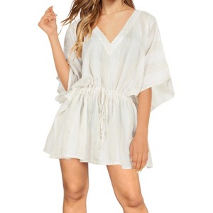 LA LEELA Women's Sun Dress Mini Holiday Swimwear Bathing Suit Beach Loose Beach Dress Coverups Summer Cover_up 3X-4X Beige, Thin Stripe - 1 of 4