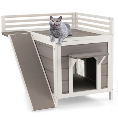 Tangkula Outdoor Feral Cat House Wooden Kitty Shelter with Balcony & Slide