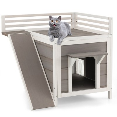 Tangkula Costway Outdoor Feral Cat House Wooden Kitty Shelter With Balcony  & Slide : Target