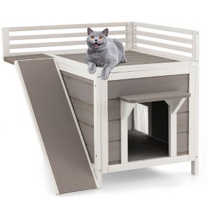 Tangkula Outdoor Feral Cat House Wooden Kitty Shelter with Balcony & Slide - 1 of 4