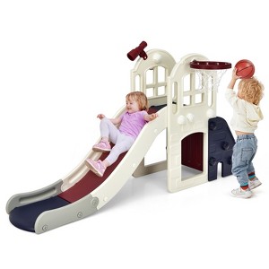 Safstar 6 in 1 Climber Slide Playset w/Basketball Hoop, Ring Toss, Indoor Outdoor Freestanding Kids Slide for Kids Age 3-8 - 1 of 4