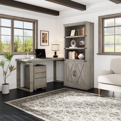 68.7" Tall 5-Shelf Bookcase with Storage Cabinet, Rustic Farmhouse Wooden Bookshelf with Doors, Freestanding 5-Tier Display Cabinet,Grey