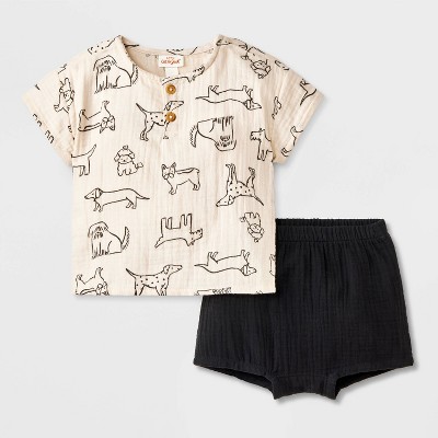 Baby Boys' Dog Printed Henley Gauze Shorts Set - Cat & Jack™ Black