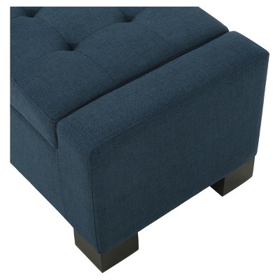 Dark Blue Tufted Fabric Storage Ottoman with Birch Legs