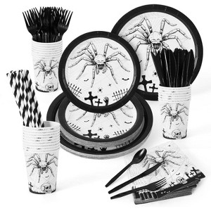 200 pcs Halloween Party Supplies, Halloween Theme Tableware Set Include Dinner Plates Dessert Plates Cups Napkins Cutlery Straws,Disposable Tableware - 1 of 4