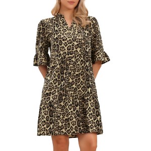 INSPIRE CHIC Women's Leopard Print Notch Neck Short Sleeve Ruffle Hem Tunic Dresses - 1 of 4