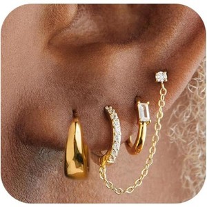 Small Gold Hoop Earrings Set for Women, 14K Gold Plated Lightweight Earrings Sets for Multiple Piercing - 1 of 4