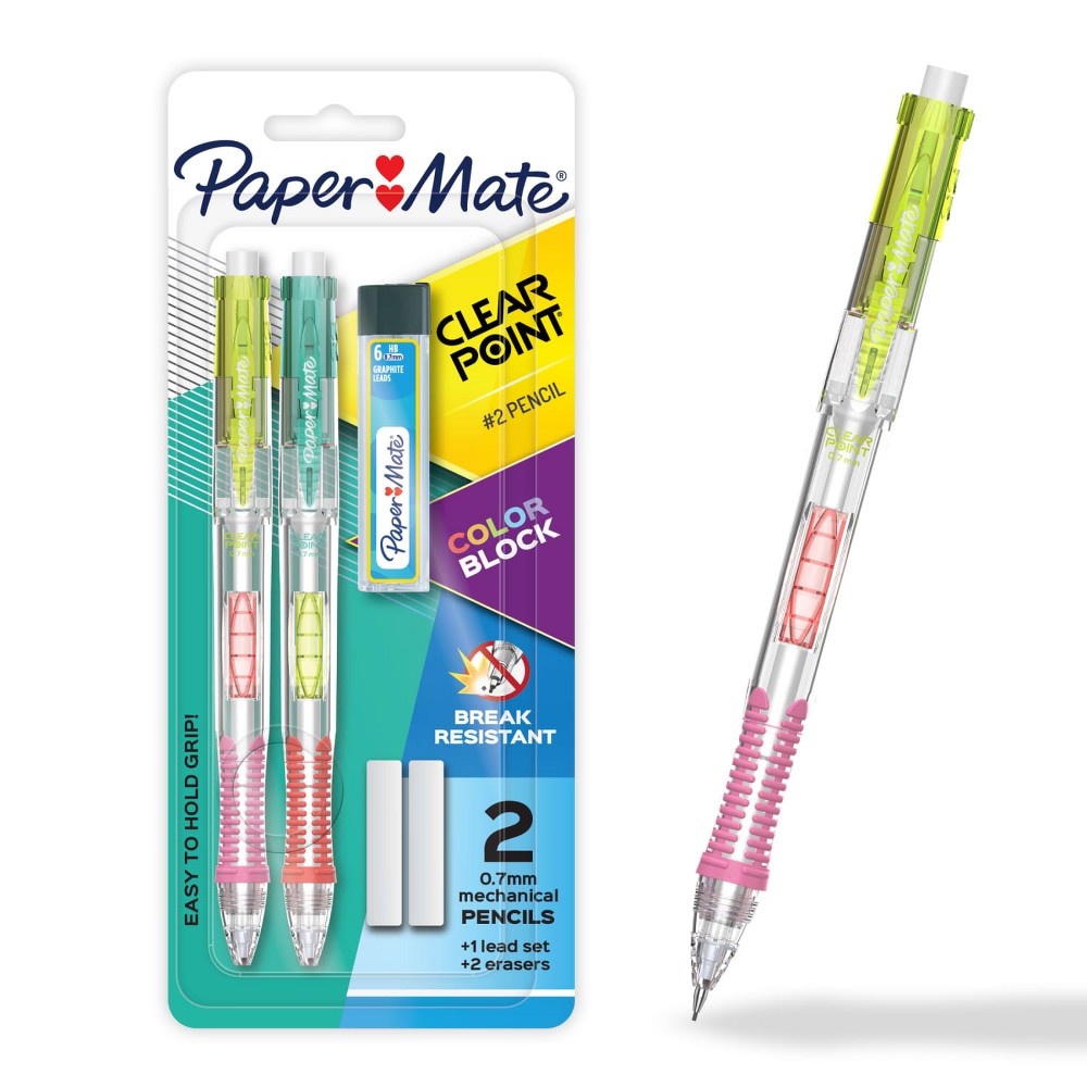 Paper Mate 2ct Clearpoint Color Block Lime and Teal Clip