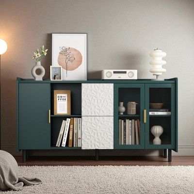 Modern 55" Kitchen Pantry Buffet Cabinet with Glass Doors,Drawers & Open Shelves –Multipurpose Coffee Bar Storage Cabinet for Kitchen & Living Room