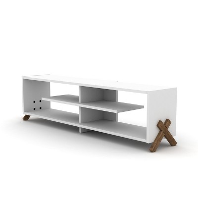 Vynxaria Mid Century Modern TV Stand, 57" Low Unit with 4 Open Shelves, Wood Legs, Walnut/White Finish