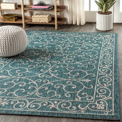 Teal & Gray Vintage Boho-Chic Filigree 9'x12' Indoor/Outdoor Rug