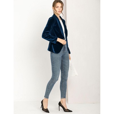 INSPIRE CHIC Women's Christmas Office Solid Shawl Collar Jetted Pockets One Button Velvet Blazer 2 Packs Deep Blue/Green Medium — фото 4