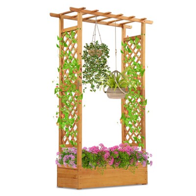 Costway 1/2 PCS 70” Wooden Raised Garden Bed with Lattice Trellis, Hanging Roof, Open-Ended Base