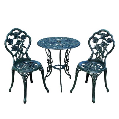 3pc Rose Cast Metal Set with Cast Aluminum Table Top & Chairs - Sage Green - Oakland Living: Weather-Resistant Bistro Set