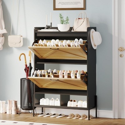 Garvee Shoe Storage Cabinet, 2 Flip Drawers & Top Drawer Shoe Cabinet for Entryway, Freestanding Shoe Organizer Cabinet with Metal Legs, Black