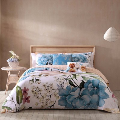 Maia King Blue Cotton Floral Reversible Comforter Set
