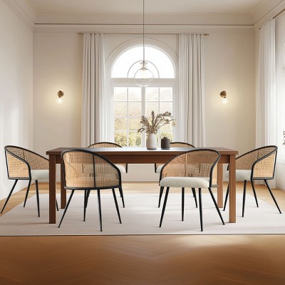 Set of 6 Rattan Dining Chairs, Modern Upholstered Armchairs with Black Metal Frame & Woven Cane Back for Kitchen & Dining Room-Maison Boucle