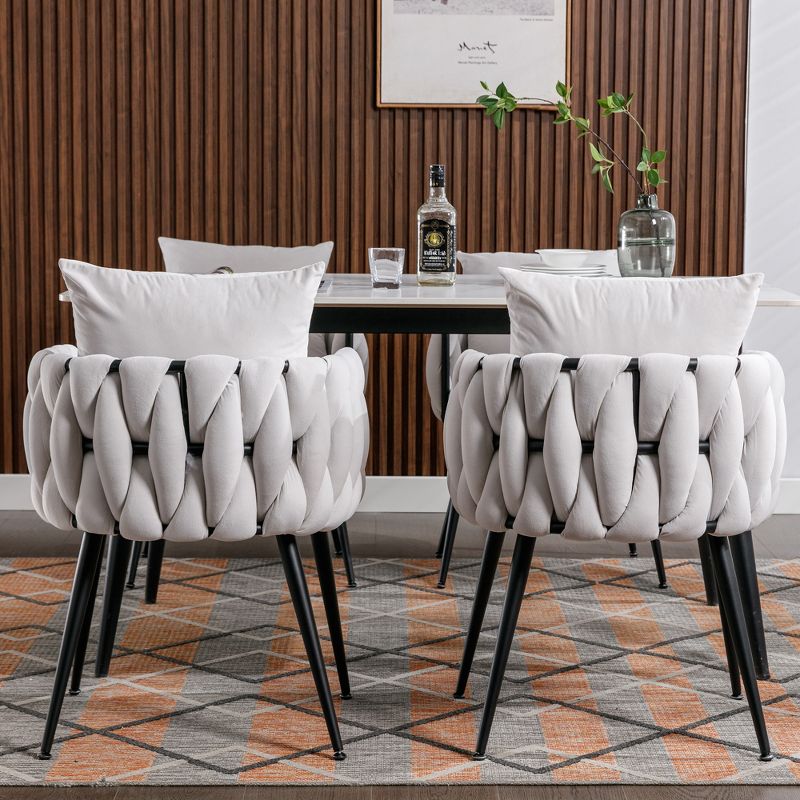 Set of 2 Modern Velvet Handwoven Dining Chairs with Black Metal Legs - ModernLuxe, 3 of 11