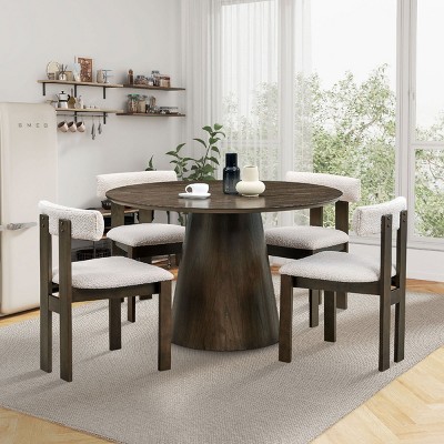 5 PCS Dining Set, 1 Round MDF Table and 4 Upholstered Chairs, Space-Saving Design for Dining Room, Rubber Wood Frame Chairs-Coolbibila