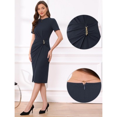 Женские платья INSPIRE CHIC Women's Short Sleeve Crew Neck Wrap Business Office Sheath Dress X-Small Royal Blue — фото 2