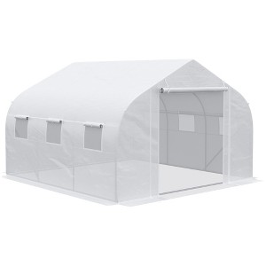 Outsunny 11.5' x 10' x 6.5' Walk-in Outdoor Tunnel Greenhouse, PE Cover, Steel Frame, Roll-Up Zipper Door & 6 Windows for Tropical Plants, White - 1 of 4