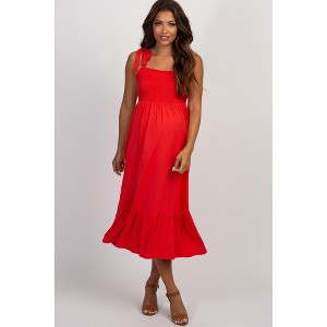 PinkBlush Red Solid Self-Tie Smocked Maternity Midi Dress - 1 of 4