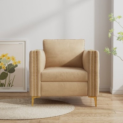 CAVINAS Velvet Upholstered Accent Chair with Rivet Trim and Metal Legs, Button Tufted Armchair for Living Room and Bedroom