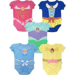 Disney Princess Ariel Belle Cinderella Rapunzel Tiana Snow White Aurora Baby Girls 5 Pack Bodysuits Newborn to Infant - 1 of 4