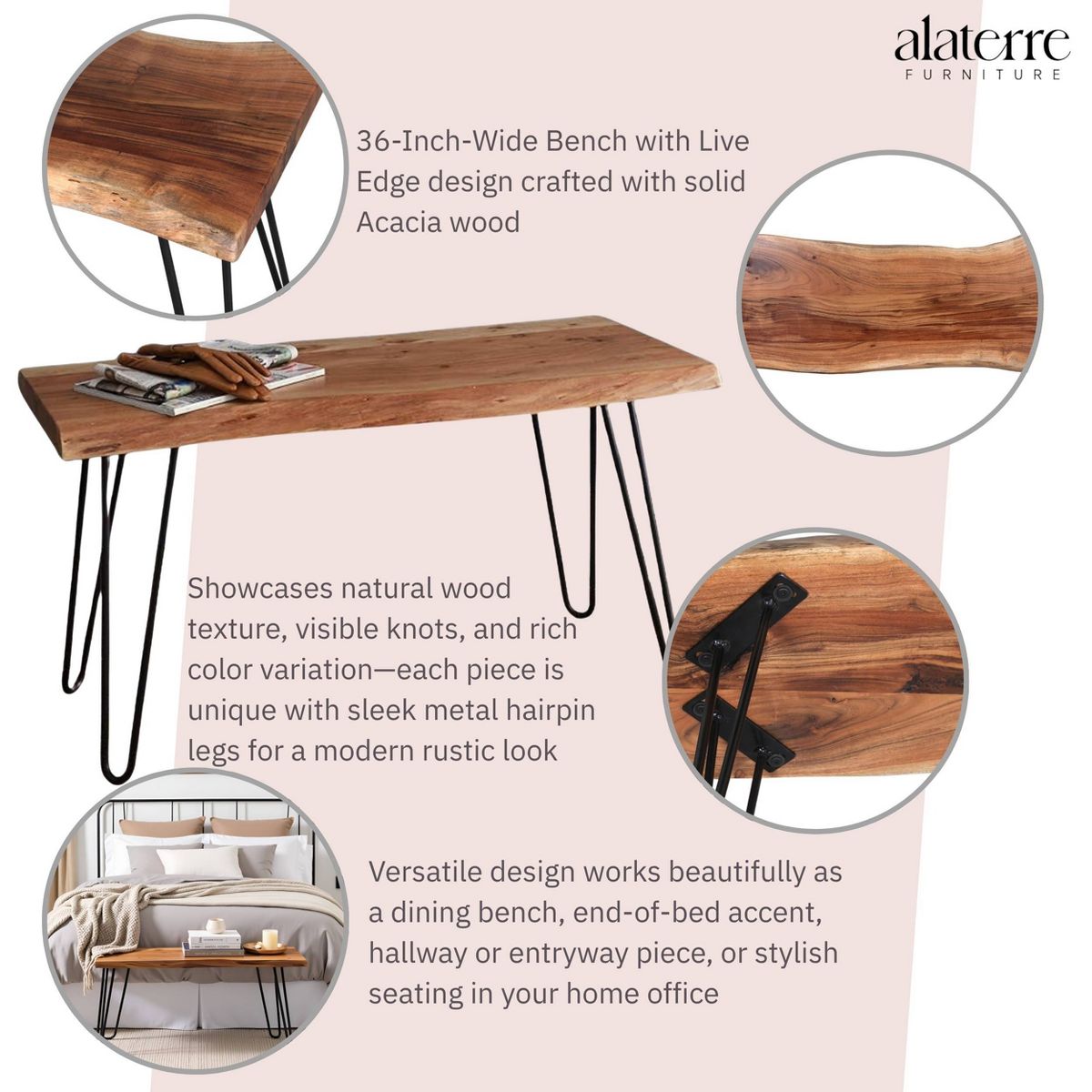 Alaterre Furniture 36" Hairpin Live Edge Bench: Industrial Mid-Century Modern, Metal & Acacia, 300 lb Capacity - thumbnail 3