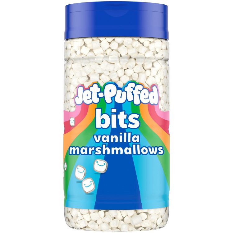 A jar of Jet-Puffed Bits vanilla marshmallows with a blue lid and colorful label.