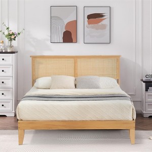 Coolmee Full/Queen Size Bed Frame with Natural Rattan Headboard and LED Lights, Boho Wooden Platform Bed with Strong Wooden Slats, Noise-Free - 1 of 4