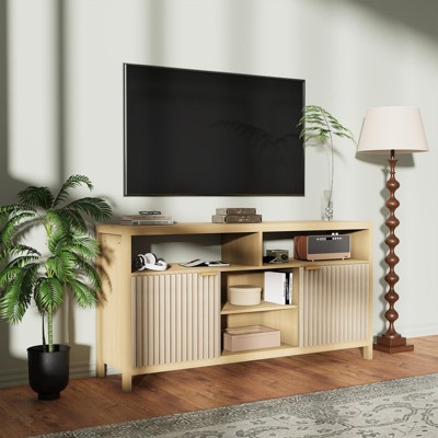 Fluted TV Stand for 65" TV, Mid-Century Modern Entertainment Center with Storage, Slim Wood Media Console Table for Living Room, Bedroom, Apartment