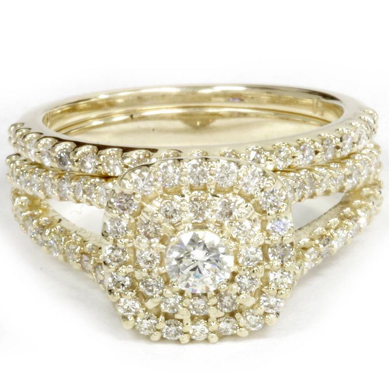 Pompeii3 1 1/10CT Cushion Halo Diamond Engagement Wedding Ring Set 10K Yellow Gold, 4 of 6