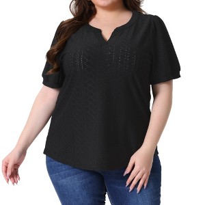 Agnes Orinda Women's Plus Size Summer Eyelet V Neck Short Sleeve Blouse - 1 of 4