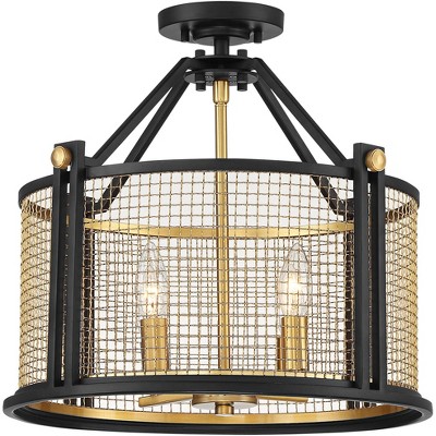 Possini Euro Design Modern Ceiling Light Semi Flush Mount Fixture Black Gold 16 1/2" Wide 4-Light Mesh Drum for Bedroom Kitchen