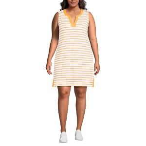 Lands' End Women's Cotton Jersey Notch Neck Dress with Soutache - 1 of 4