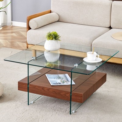 NicBex Modern 2-Tier Square Coffee Table with Storage, Clear Tempered Glass Top & Texture Open Shelf,Center Table for Living Room